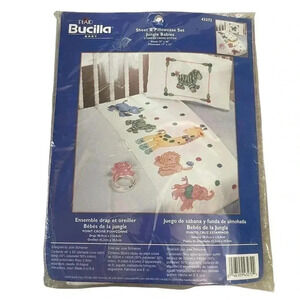 Bucilla Baby Cross Stitch Kit Sheet & Pillowcase Jungle Babies 43272 Vintage New